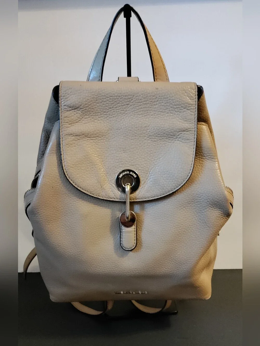 Michael Kors Raven Medium Pebbled Leather Backpack Tan Beige